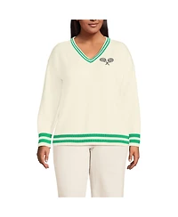 Lands' End Plus Drifter Varsity Vneck Sweater with Crest