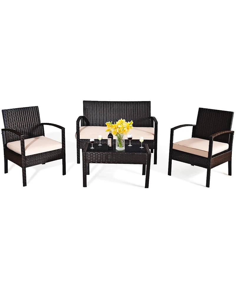 8PCS Patio Rattan Conversation Furniture Set Cushioned Seat Glass Table