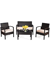 8PCS Patio Rattan Conversation Furniture Set Cushioned Seat Glass Table