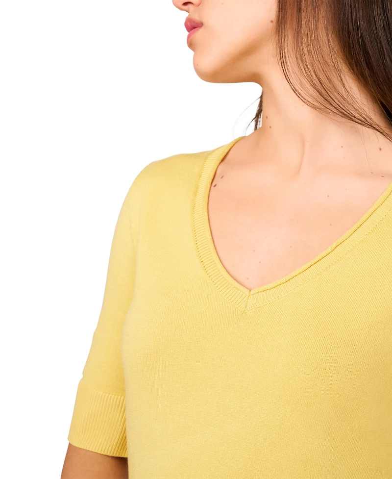 Melissa Paige Petite Rolled V-Neck Elbow-Sleeve Sweater
