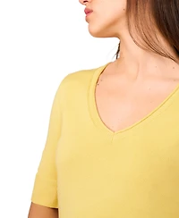 Melissa Paige Petite Rolled V-Neck Elbow-Sleeve Sweater