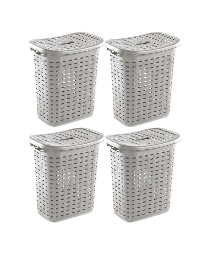 Sterilite Plastic Weave Laundry Hamper Slim Clothes Lidded Basket, Gray, 4-Pack