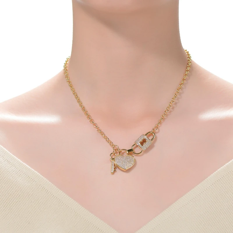 Sterling Silver 14K Gold Plated with Clear Cubic Zirconia Heart & Padlock Charm Necklace