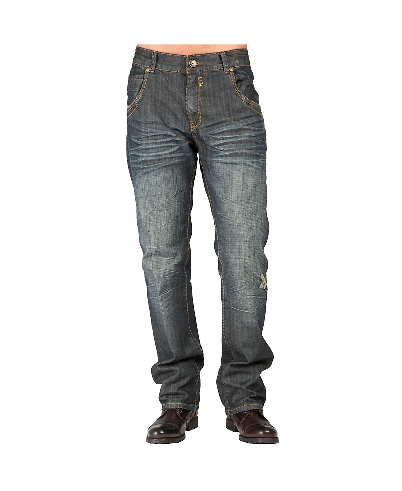 Level 7 Men's Relaxed Straight Leg Dark Vintage Hand Rub Premium Denim Jeans Zipper Trim Pocket