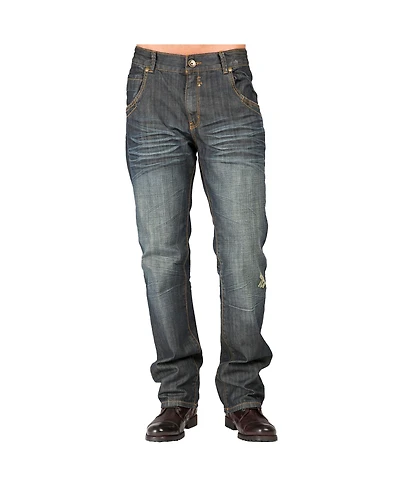 Level 7 Men's Relaxed Straight Leg Dark Vintage Hand Rub Premium Denim Jeans Zipper Trim Pocket