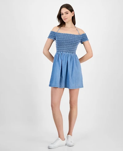 Tommy Jeans Women's Cotton Smocked-Bodice Fit & Flare Dress