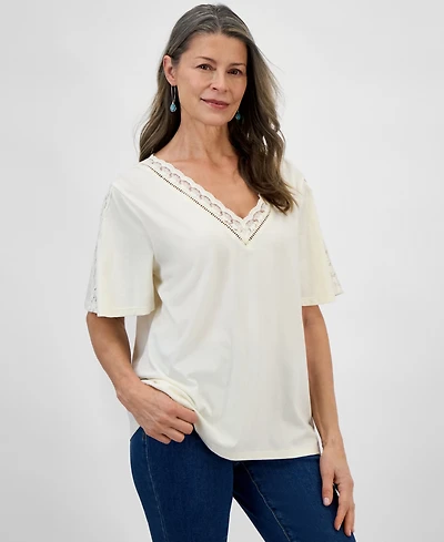 Style & Co Women's Lace-Trim V-Neck Top, Exclusively at Macy's