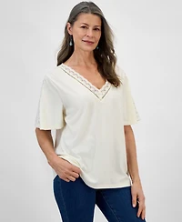 Style & Co Petite Lace-Trimmed V-Neck Pullover Top, Exclusively at Macy's