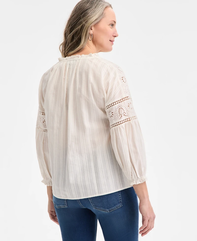 Style & Co Women's Cotton Embroidered 3/4-Sleeve Top, Exclusively at Macy's