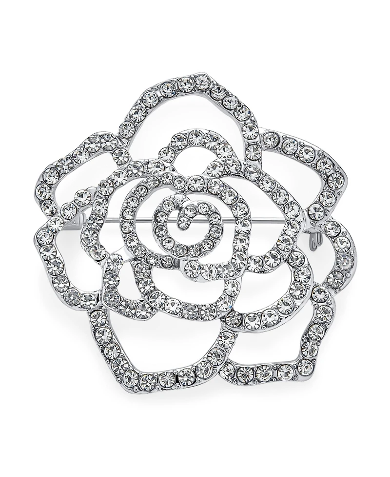 Bling Jewelry Sparkling Rose Flower Brooch Pin with Crystals Silver Tone Rhodium Plated