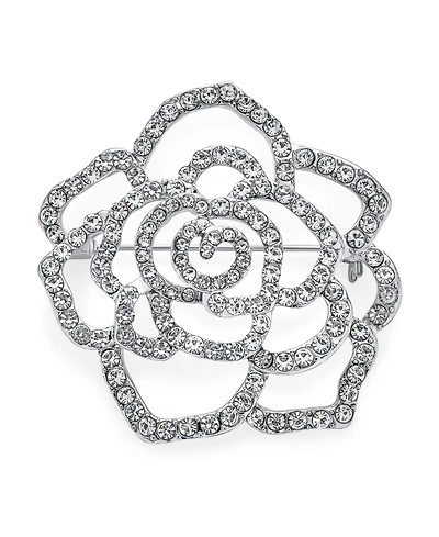 Bling Jewelry Sparkling Rose Flower Brooch Pin with Crystals Silver Tone Rhodium Plated