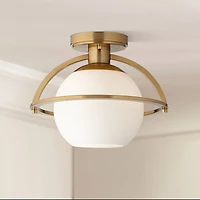 Oblys 12" Modern Semi Flush-Mount Mini Ceiling Light Fixture Kitchen Foyer Hallway Round Globe Warm Brass Finish White Glass Metal Bedroom Bathro