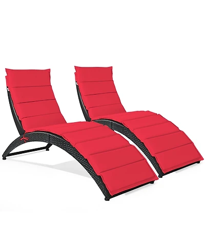 2PCS Folding Patio Rattan Lounge Chair Chaise Cushioned Portable Garden Lawn