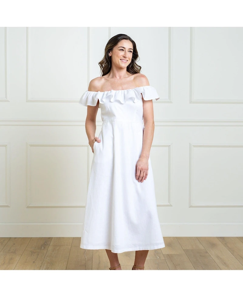 Hope & Henry Women's Linen Ruffle Collar Midi Dress