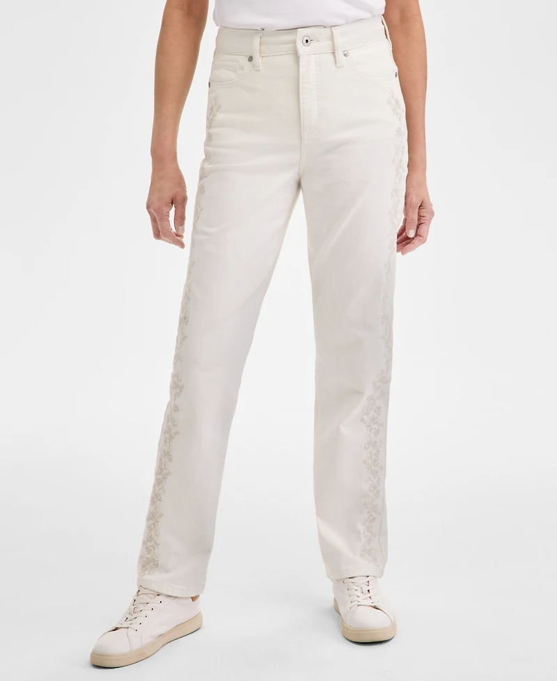Style & Co Petite Embroidered High-Rise Straight-Leg Jeans, Created for Macy's
