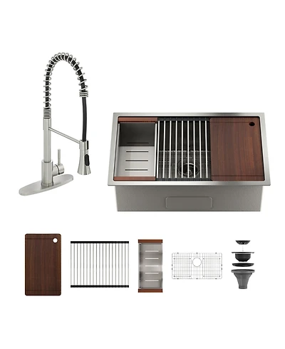 32'' Stainless Steel Kitchen Sink Faucet Sets, Undermount Single Bowl with Cutting Board, Roller Blind, Drain Basket, Grid and Drainer