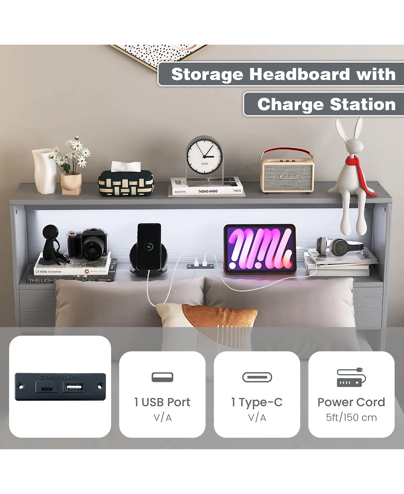 Bed Frame with Storage Headboard and Charging Station