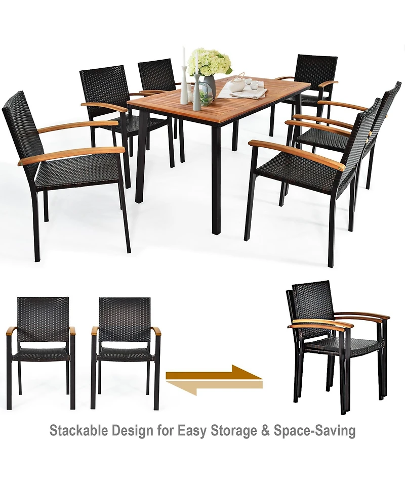 Gymax 7PCS Rattan Outdoor Dining Set Patio Furniture Set w/ Wooden Tabletop