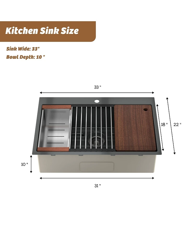 33''x 22'' Stainless Steel Kitchen Sink Faucet Set, Kitchen Sink and Pull-Down Kitchen Faucet with Cutting Board, Roller Blind, Drain Basket, Drain Gr