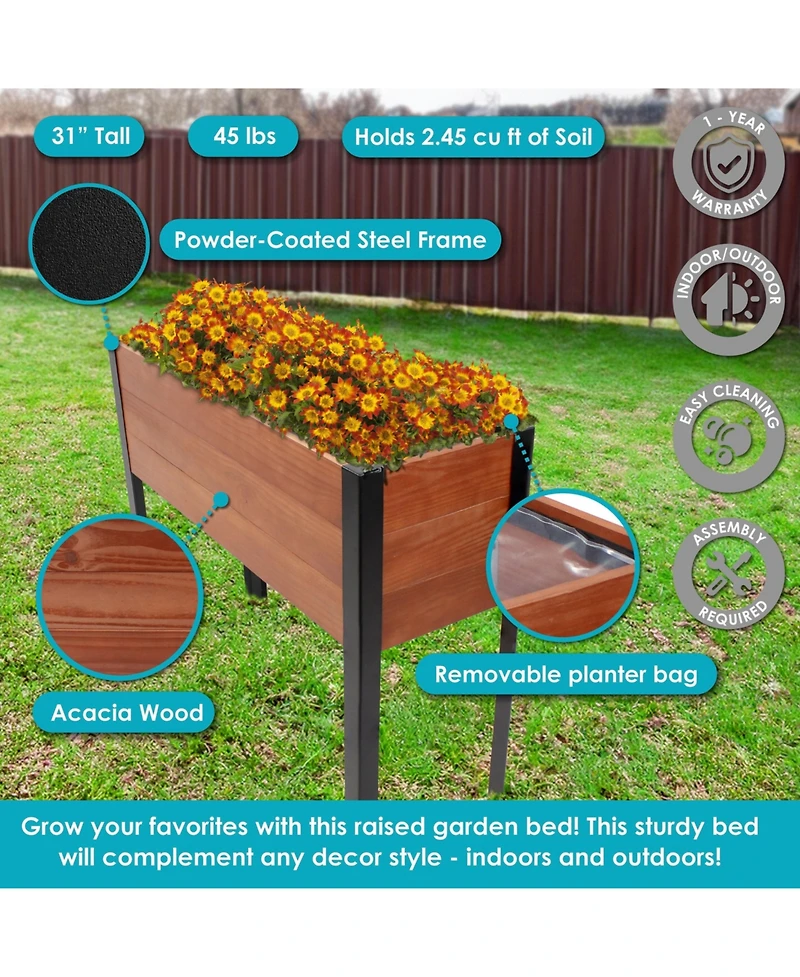 Acacia Wood Raised Garden Bed with Legs - 31-Inch H Powder-Coated Steel Frame Removable Planter Bag