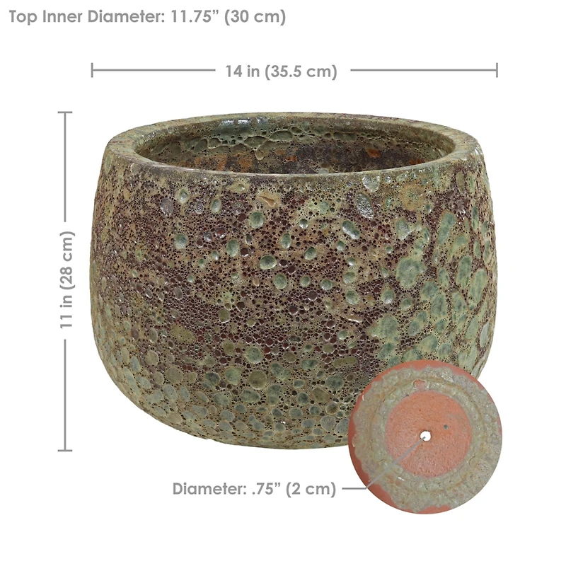 Round Lava Finish Ceramic Planter - Green Distressed Ceramic - 14" Round