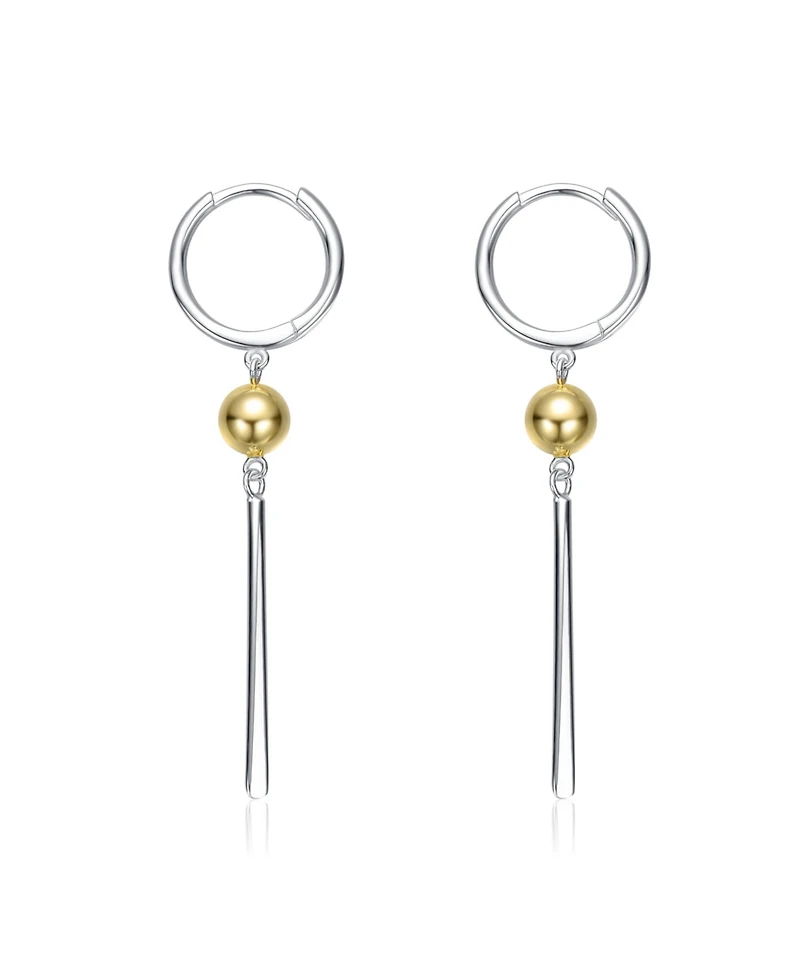 Sterling Silver Two-Tone with 14K Gold Plated Sphere and Sleek White Gold Plated Bars Drop Earrings