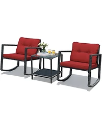 Gymax 3PCS Rattan Rocking Chair Table Set Patio Furniture Set with Cushions