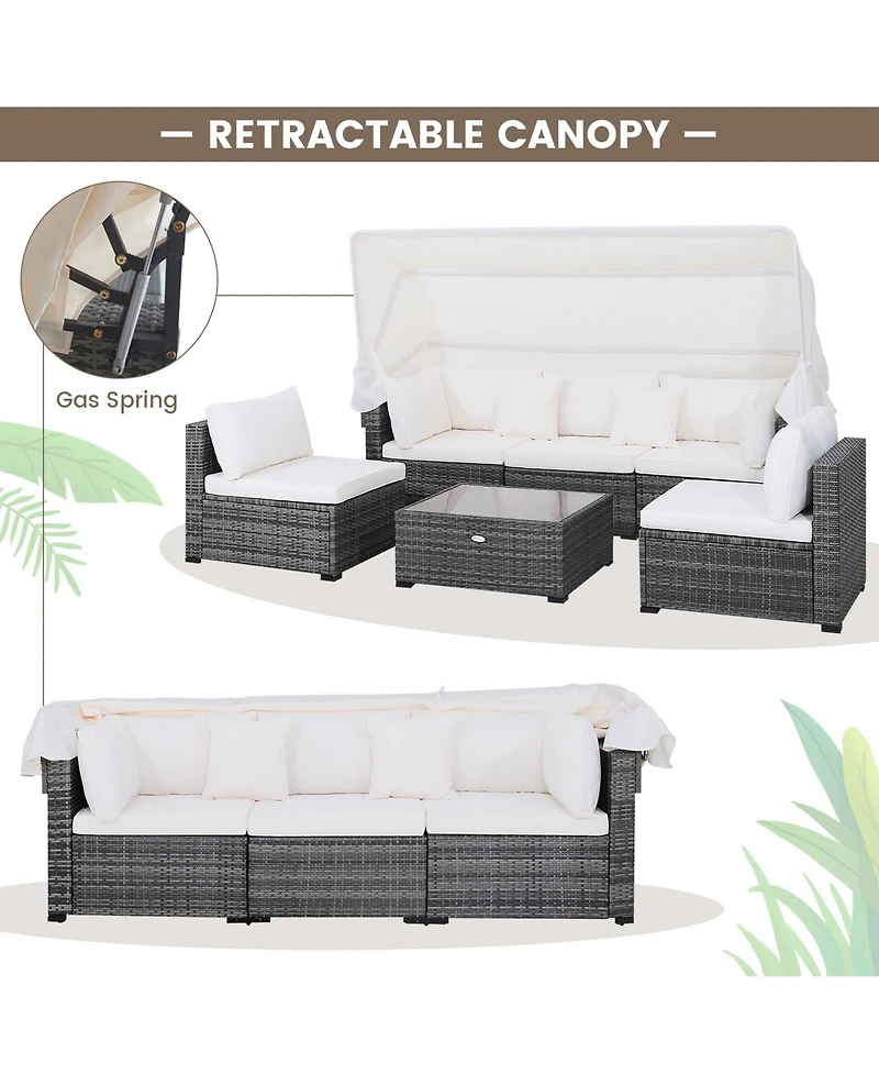 Gymax 6 Pcs Pe Rattan Patio Furniture Set w/ Tempered Glass Table and Retractable Canopy