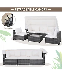 Gymax 6 Pcs Pe Rattan Patio Furniture Set w/ Tempered Glass Table and Retractable Canopy