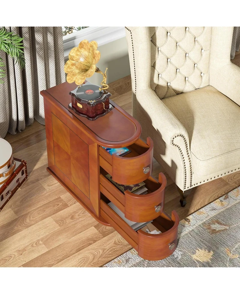 Tribesigns Wood End Table Set of 2, 3-Drawer Narrow Side Table Slim Chair Solid Side Table, No Assembly Required, Finished Back, Walnut