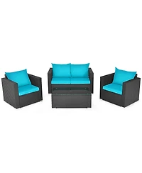 Gymax 4PC Rattan Patio Furniture Set Outdoor Wicker With Turquoise Cushion