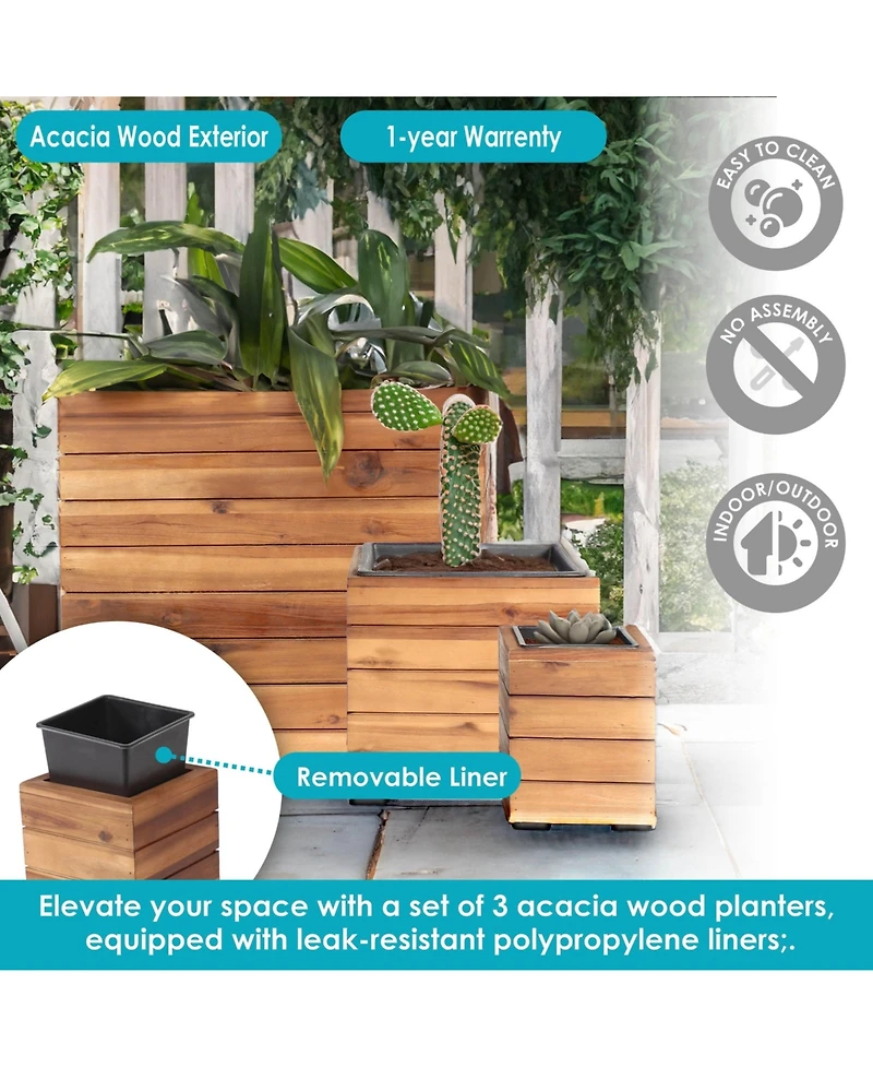 Indoor/Outdoor Square Acacia Wood Planter Box with Plastic Liner - 3pk - Light Brown Stain