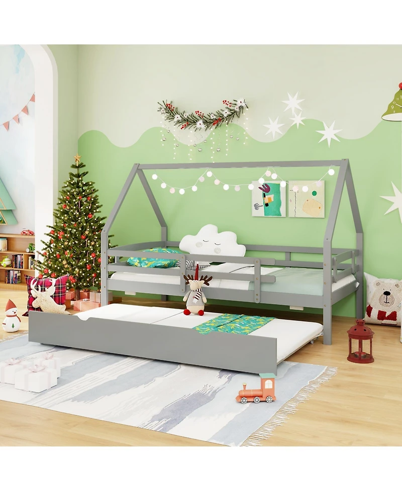 Wooden House Frame Bed with Trundle and Guard Rails for Toddlers or Kids