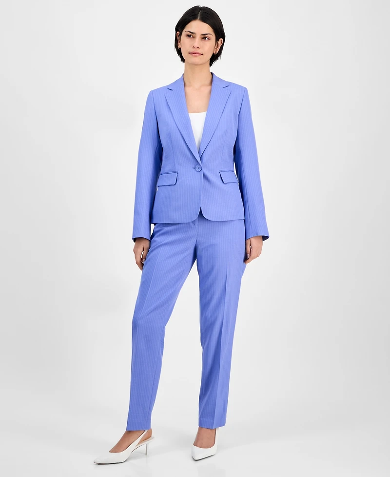 Le Suit Women's Pinstriped Notch-Collar One-Button Jacket & Straight-Leg Mid-Rise Pants, Regular Petite