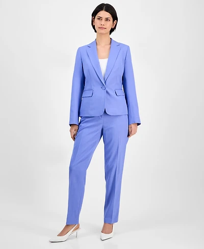 Le Suit Women's Pinstriped Notch-Collar One-Button Jacket & Straight-Leg Mid-Rise Pants, Regular Petite