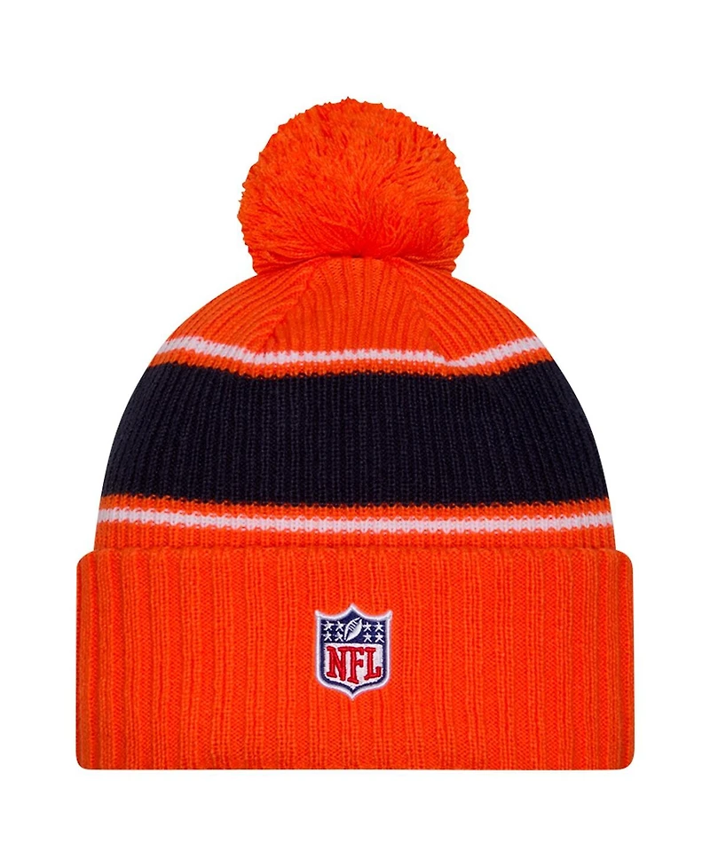 New Era Big Boys and Girls Orange Denver Broncos 2024 Sideline Sport Cuffed Knit Hat with Pom