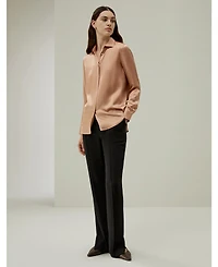 Women's Minimalist Placket Silk Blouse with Shell Buttons