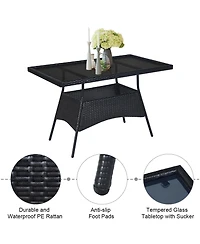 10PCS Patio Rattan Dining Set Cushioned Chair Table with Glass Top Garden Furniture