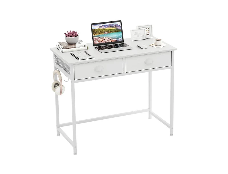 Space-Saving Home Office Desk with 2 Fabric Drawers and 4 Hanging Hooks for Organized Workspace