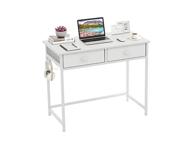 Space-Saving Home Office Desk with 2 Fabric Drawers and 4 Hanging Hooks for Organized Workspace