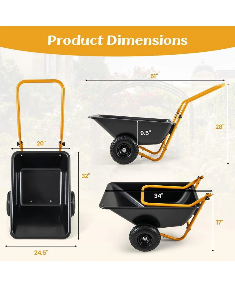 Dual-Wheel Wheelbarrow Garden Utility Cart with Pneumatic Tires for Easy Transport and Outdoor Tasks