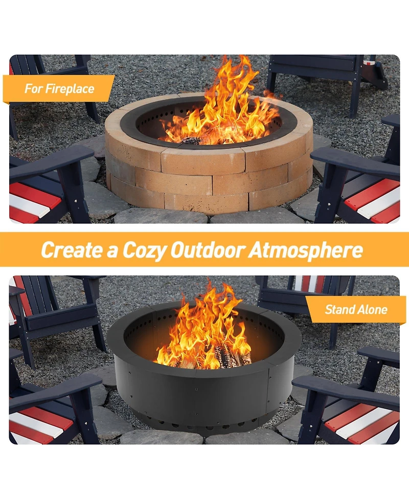 Aoodor Round Smokeless Fire Pit Ring, 36 Inch Double Layer Heavy Duty Metal Fire Pit Insert Liner for Outside Diy Campfire Above or In-Ground, Black