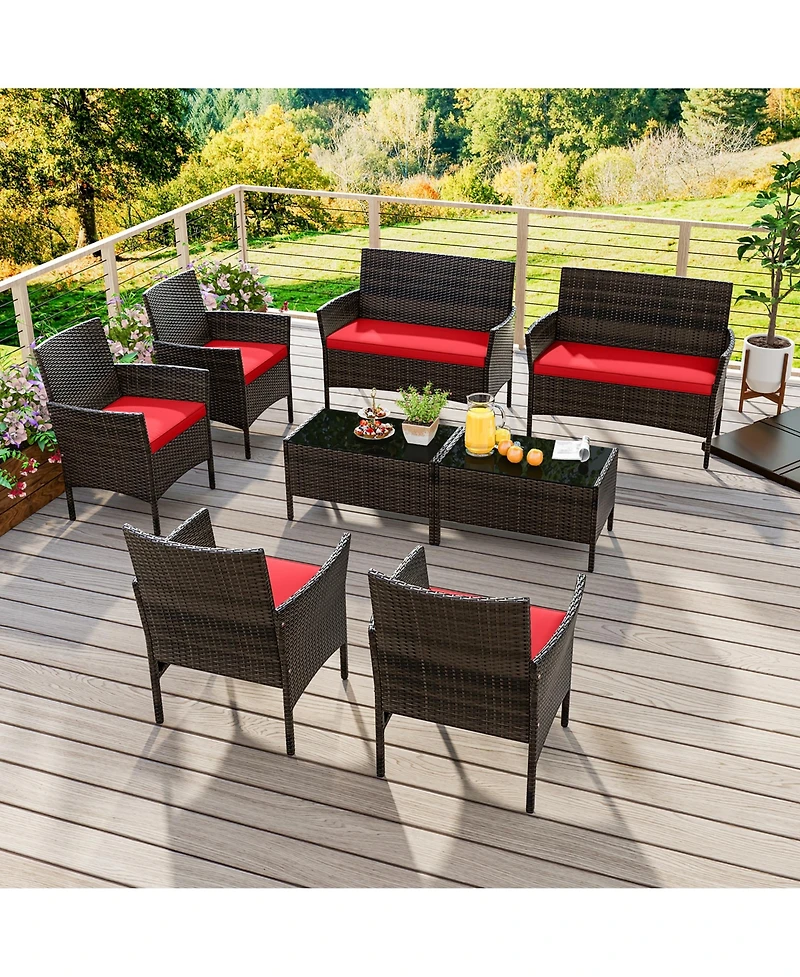 Gymax 8 Pcs Patio Furniture Set w/Washable Cushions & Tempered Glass Coffee Table