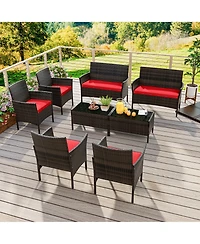 Gymax 8 Pcs Patio Furniture Set w/Washable Cushions & Tempered Glass Coffee Table
