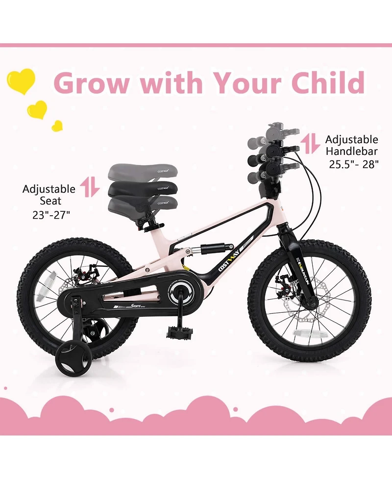 16 Inch Children Bicycle with Training Wheels & Double Disc Brakes Adjustable Seat Magnesium Alloy
