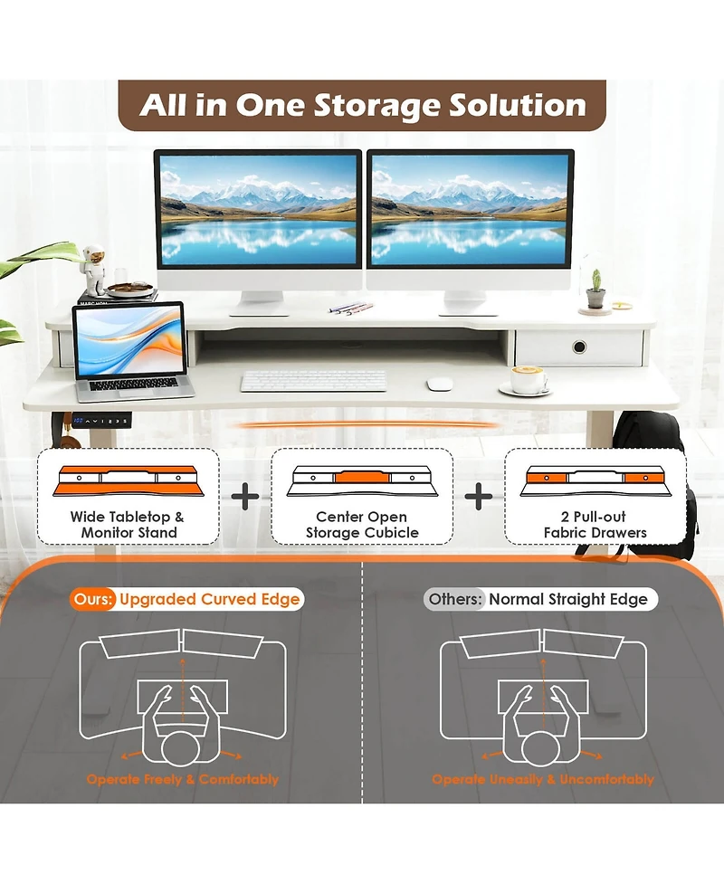 55"x 24" Electric Standing Desk with 2 Drawers Monitor Stand Storage Shelf