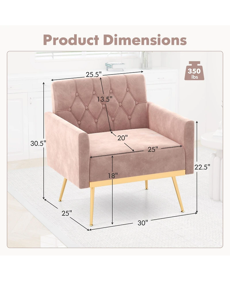Modern Velvet Accent Chair with Button Tufted Back Metal Legs and Adjustable Foot Pads