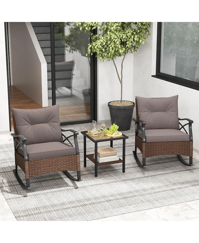 3 Pcs Patio Rocker Set with 2-Tier Coffee Table & Soft Seat Back Cushions Outdoor