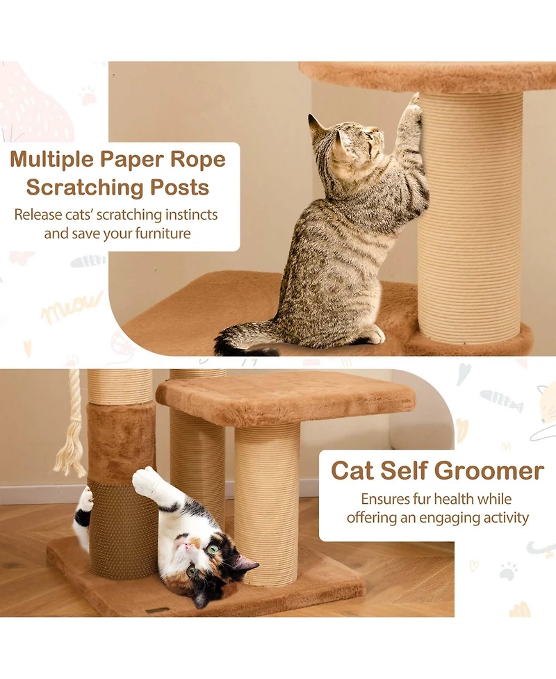 65" Tall Cat Tree for Indoor with Self-groomer Padded Perch Removable Cat Bed