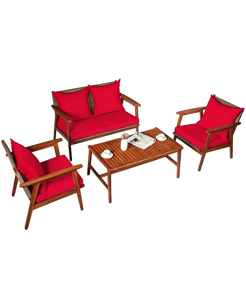 4 Pieces Acacia Wood Patio Rattan Furniture Set with Zippered Cushions